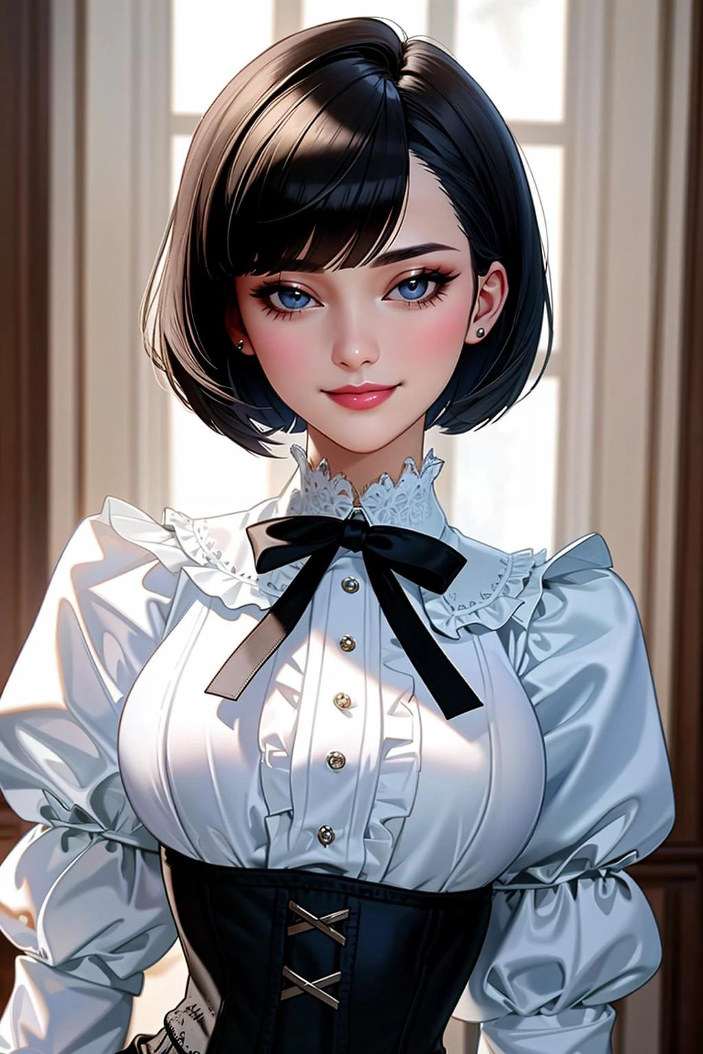 ((Masterpiece, best quality)),edgQuality,smirk,smug,  bob cut,
edgCT, a woman in a blouse, puffy sleeves,wearing edgCT,chic top ,ribbon,corset
 