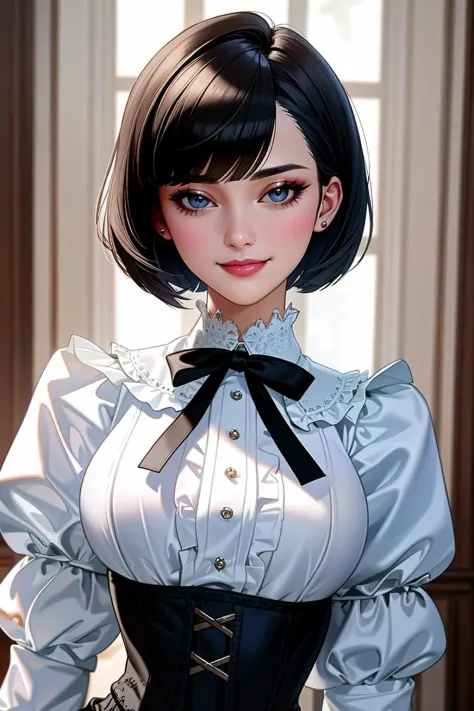 ((Masterpiece, best quality)),edgQuality,smirk,smug,  bob cut,
edgCT, a woman in a blouse, puffy sleeves,wearing edgCT,chic top ,ribbon,corset
 <lora:edgChicTops1:1>