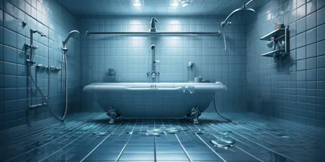 there is a bathtub in a bathroom with blue tiles