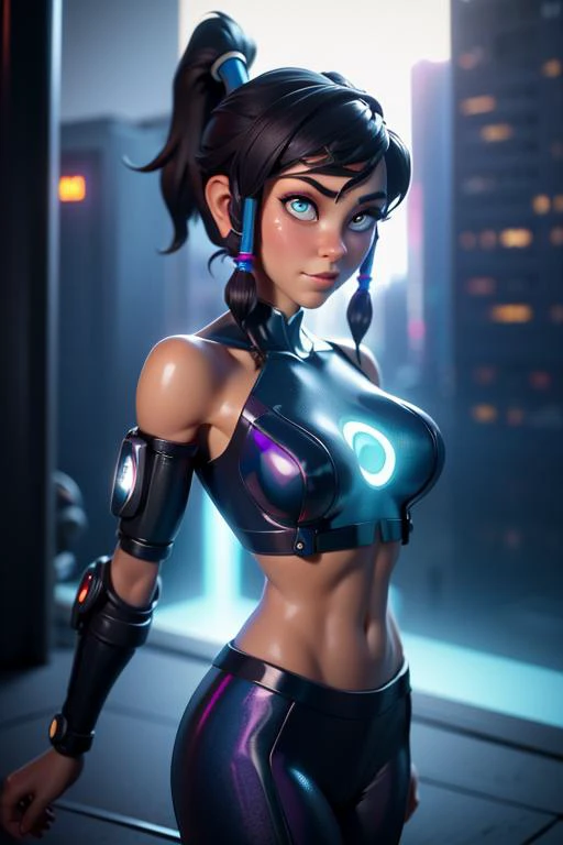 8k resolution, (cyberpunk:1.3),The highest picture quality, masterpiece, exquisite CG,
shy pose, 
korra, ponytail, hair tubes, 
lifelike and delicate facial features and face shapes,
seductive look,
looking at the viewer,
midriff, abs,
(detailed eyes:1.2), 
Sexy figure, huge round breasts, peerless beauty, dreamlike, stunning, shining, dynamic details, dynamic blur, gorgeous light and shadow, dynamic light, soft focus, real shadow, light spot, 8K HD, extreme light effect, 
city background, future city elements, (((holographic projection))), LED lights
