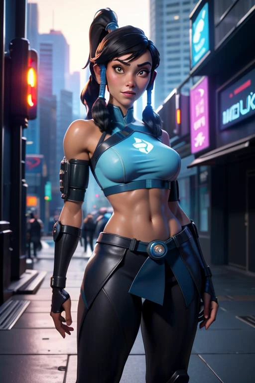 8k resolution, (cyberpunk:1.3),The highest picture quality, masterpiece, exquisite CG,
(((lewd))),
korra, ponytail, hair tubes,
lifelike and delicate facial features and face shapes,
looking at the viewer,
midriff, abs,
vent hips,
detailed face, detailed eyes, 
Sexy figure, huge round breasts, peerless beauty, dreamlike, stunning, shining, dynamic details, dynamic blur, gorgeous light and shadow, dynamic light, soft focus, real shadow, light spot, 8K HD, extreme light effect, background, future city elements, holographic projection, LED lights
