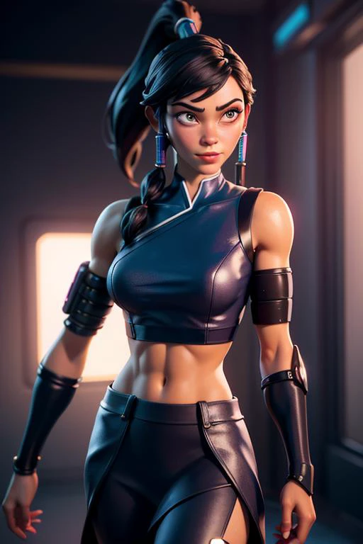 8k resolution, (cyberpunk:1.3),The highest picture quality, masterpiece, exquisite CG,
korra, ponytail, hair tubes,
lifelike and delicate facial features and face shapes,
looking at the viewer,
(((midriff))), abs,
vent hips,
detailed face, detailed eyes, 
Sexy figure, huge round breasts, peerless beauty, dreamlike, stunning, shining, dynamic details, dynamic blur, gorgeous light and shadow, dynamic light, soft focus, real shadow, light spot, 8K HD, extreme light effect, background, future city elements, holographic projection, LED lights
