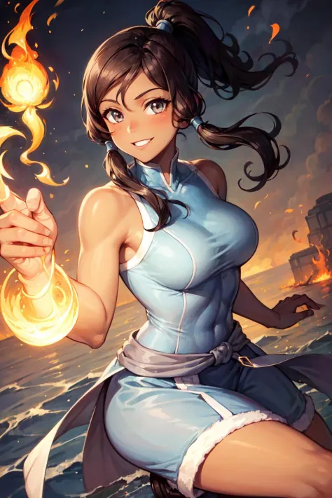 anime-style, masterpiece, best quality, 1girl, korra, casting fire and water, solo, (dark skin:1.5, brown skin:1.5, brown hair, ...