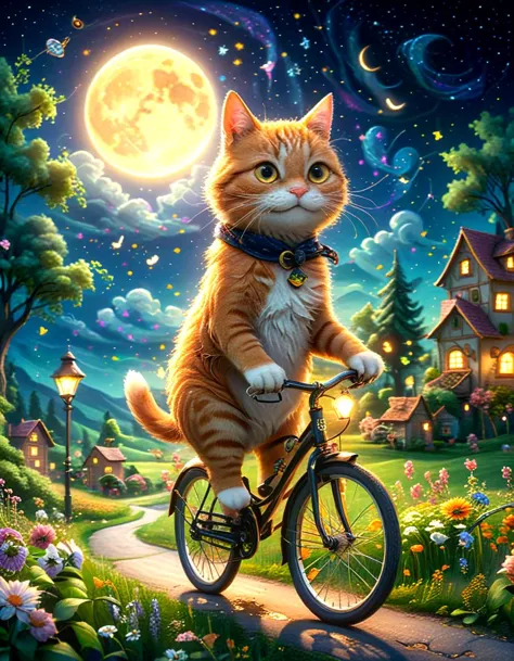 a cat riding a bike on a path in a garden