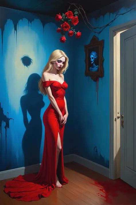 arafed woman in red dress standing in a room with a blue wall