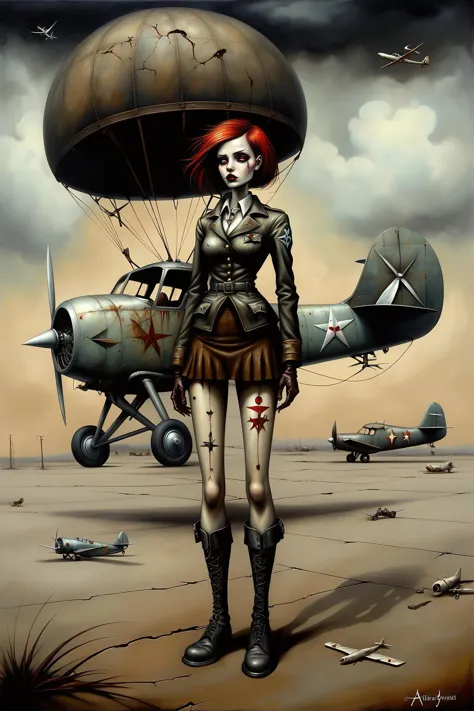 wounded aviatrix on deserted airfield, a surrealist painting inspired by esao andrews, deviantart contest winner, gothic art, gothic painting, style of esao andrews, esao andrews, ornate