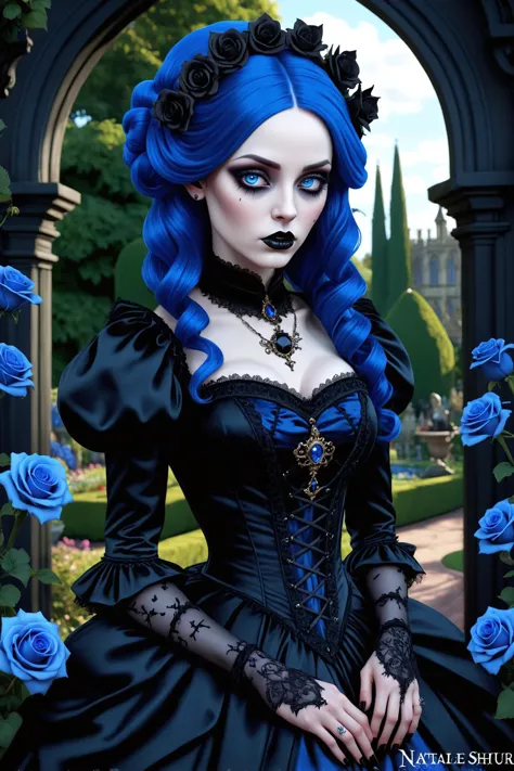 a close up of a woman with blue hair wearing a black dress