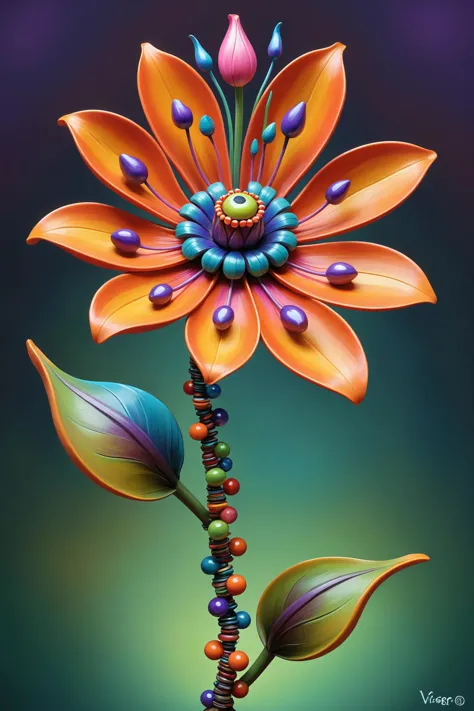 body horror style the artwork is a beautifully crafted painting that showcases a vibrant, multi colored flower with pink, purple, and blue hues. the petals of the flower are intricately detailed, giving it an almost lifelike appearance. the flower is attached to a slender, green stem, which stands tall against an orange background. at the base of the stem rests a round, yellowish brown stone adorned with colorful beads, adding a touch of whimsy to the piece. the entire scene is rendered in rich colors and intricate details, creating a captivating visual experience for the viewer. . grotesque transformations, physical mutation, medical themes, visceral terror