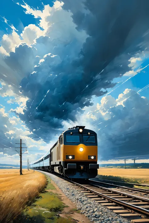 masterpiece, best quality, high quality, highres, ultra-detailed, a moving train, against the background of the a moving train, blue sky, sunny day, epic clouds, oil painting, best quality, 8K, high resolution, extreme detail, outstanding composition, art by Jeremy Mann, god rays, dramatic light, oxygen-rich air and sheltered atmosphere, aesthetic of hard - edge painting,,
thundering,
, , , medium shot, , , cgsociety, analytical art, detailed,