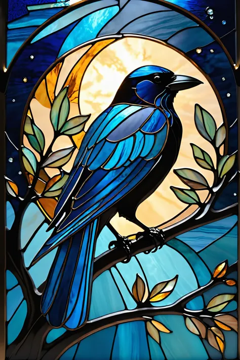 a close up of a stained glass bird sitting on a tree branch