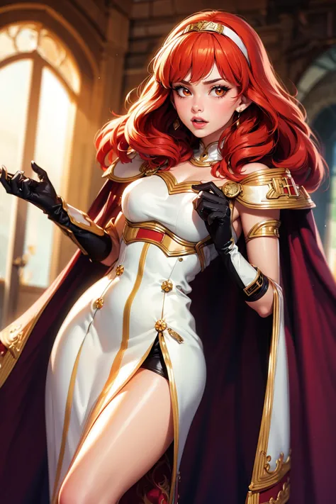 <lora:Char_fe-Celica:0.9> 1girl, long hair, red hair, [yellow eyes|red eyes], solo, tiara, hairband, (gloves), dress, jewelry, cape,