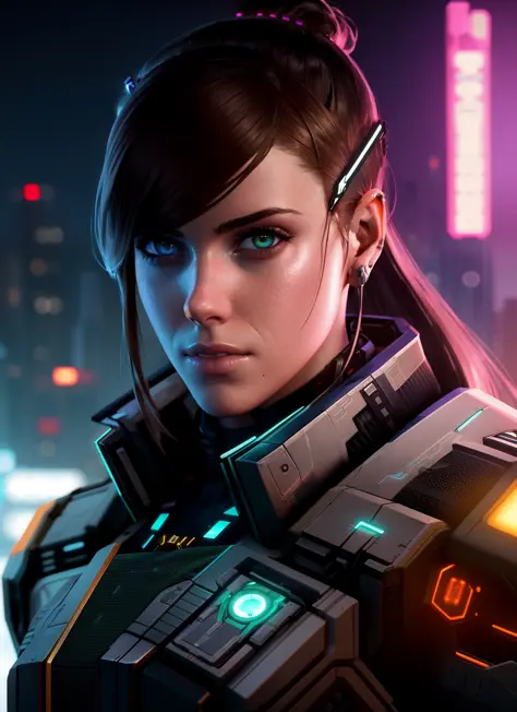 beautiful portrait of a heavily armed cyborg mercenary girl, art by wlop and artgerm and liam wong, cyberpunk, neon, intricate d...