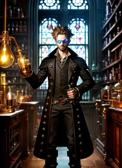 gothic and crazy mad alchemist brewing hazardous potions in complex scientific instruments, standing in his crowded magic potion...