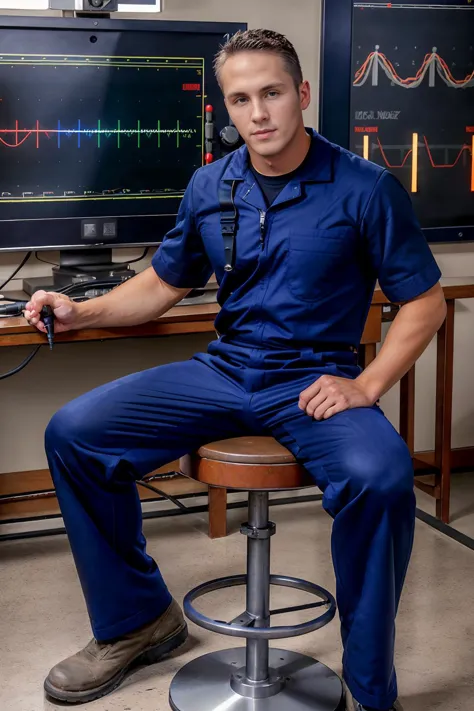 workshop on US Navy ship, sitting on stool at metal desk, porthole behind him, clean shaven, RyanRockford is a Navy electronics technician, (navy uniform), wearing (dark blue coveralls), cotton coveralls, (holding a voltmeter probe), (oscilloscope on the desk), (((full body portrait))), wide angle  <lora:RyanRockford:0.8>   <lora:Clothing - Sexy Sailor:0.4>