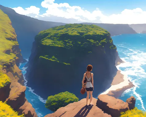 anime girl standing on a cliff overlooking a beautiful ocean