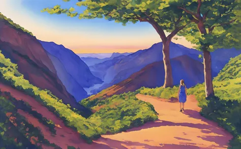 painting of a woman walking down a path in the mountains