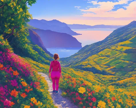 painting of a woman walking down a path in a field of flowers