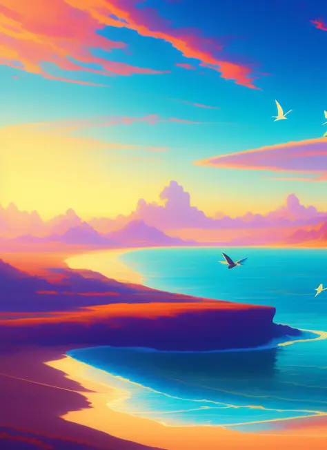 A sunset over the ocean with birds flying in the sky, a painting, by RHADS, in an anime, ios icon, mtg card, in this painting, water texture, early dawn, hearthstone official splash art, the artist has used bright, in forecasted sky Artgerm, masterpiece, highly detailed, elegant, intricate, Unreal engine, trending on Artstation, UHD image