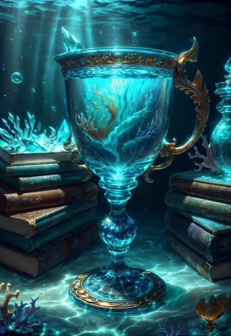 <lora:add_detail:0.6> <lora:AtlantisTech:0.7> (masterpiece, best quality, realistic, detailed, sharp:1.2), intricate details, (photo of atlantistech goblet), on a icemagicai glass desk, lightningmagicai water, books, royal palace, pedestal, bioluminescent, water refraction, glowing, gleam, gold engravings, water floating, corals, crystals, sparkling, underwater, undersea, <lora:waterVFX:0.5> <lora:ElementalMagicAIv2:0.6>