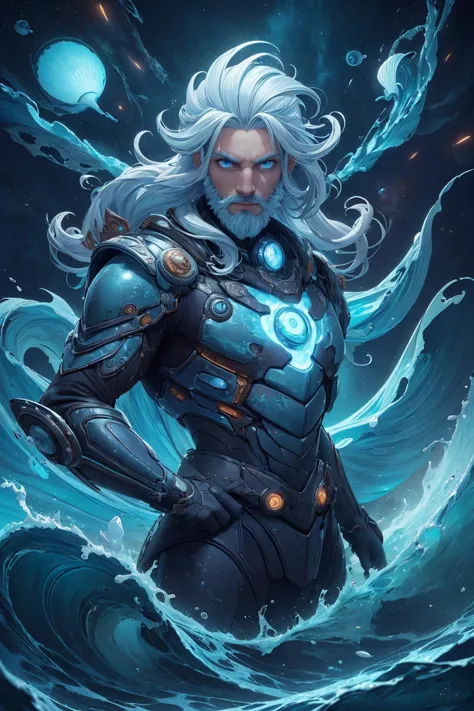 (masterpiece, best quality:1.4), best quality, high detail, (beautiful, aesthetic, perfect, delicate, intricate:1), professional lighting, slim and smooth lines, fractal art, <lora:detail_slider_v4:1.0>,
(1man, masculine adult  male:1.2),  blue eyes, white hair, thin beard, 
Style-GravityMagic,  solo, (full body:0.6), looking at viewer, detailed background, detailed face, (<lora:AtlantisTech:0.6>, shell,  scifi, atlantistech, atlantistech theme:1.1),  harbinger of the apocalypse, hollow stare, wearing tattered armor, fiery radiating  energy, cataclysm, debris swirling all around, inevitable doom, floating particles,  giant waves crashing,  supernova in background, distorted echoes, apocalyptic atmosphere, ethereal lights,