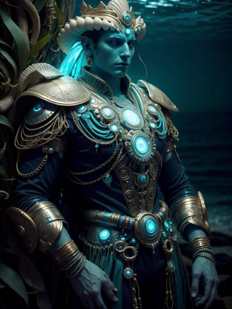 ancient king in rich clothes, 30 years old european man, <lora:AtlantisTech:1> atlantistech, bioluminescent, undersea, scifi