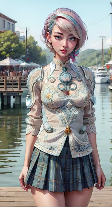 adult Korean   woman with platinum blonde colored Faux Hawk  hair,wearing atlantistech Preppy: Pleated skirt, button-down shirt, cardigan, and loafers. and posing seductively at a Boardwalk, (masterpiece, best_quality, ultra-detailed, immaculate:1.3), <lora:AtlantisTech:0.69> , scifi,   <lyco:EnvyThiccMix04:1.0>