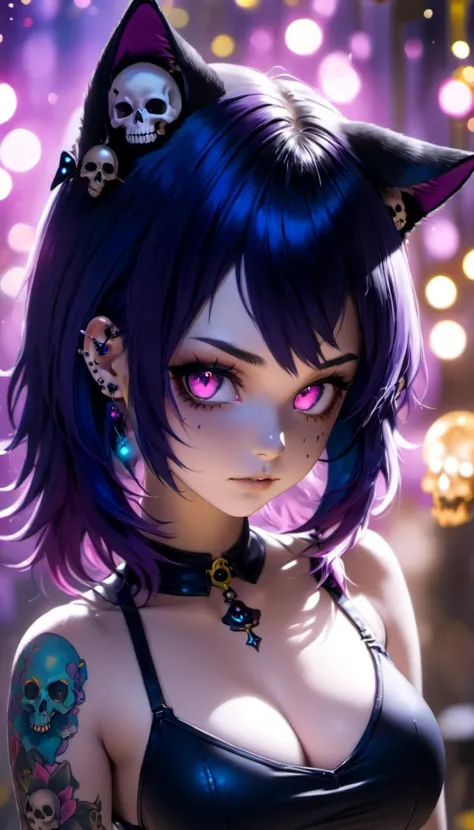 a pretty 19-year-old dark magical-girl, cleavage, cat ears, skulls and terror, magical tattoos, vibrant magical particle effects, volumetric lighting, anti-aliasing, color-graded, bokeh, 1DOF, nikon D850  <lora:offset_0.2:0.5>