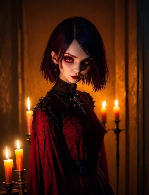 a shadowy goth vampire girl, candle-lit room, highly textured skin, anti-aliasing, color-graded, floating motes, dynamic volumet...