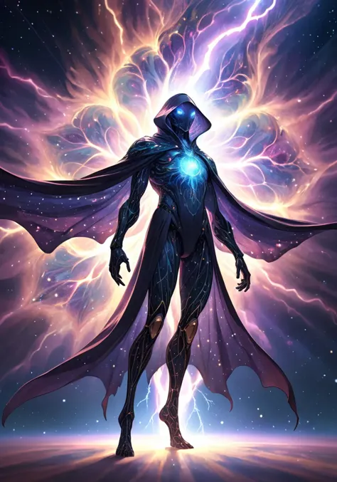 hires,best quality,
A digital illustration of a stunning, transparent cloak-like creature, with intricate patterns resembling a stained glass nebula, as it weaves through space with its countless legs crackling with cosmic lightning.