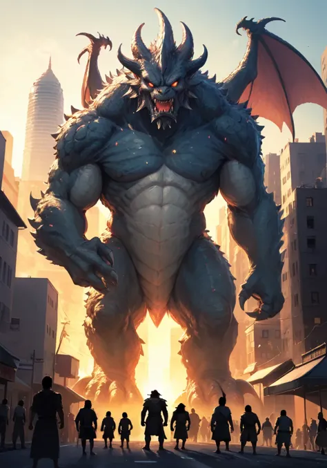 hires,best quality,Illustration of Gomora, the giant monster, standing tall in a cityscape, with its sharp, armored scales glint...