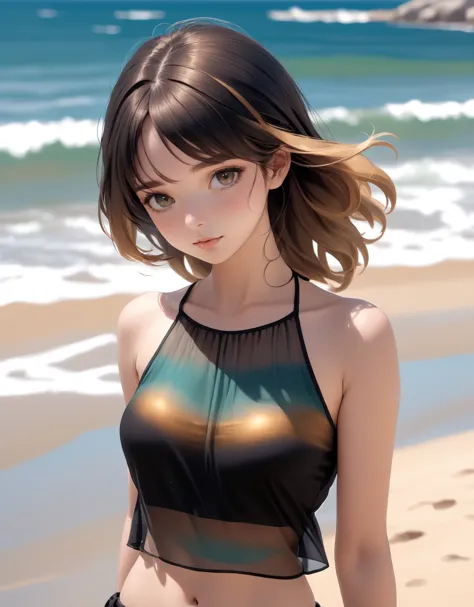 highres,best quality, tie behind the head, cute girl at beach in sheer black top, in the style of meticulous realism, dark gold and light bronze, bloomcore, dappled, dynamic color, loose and fluid, erudite