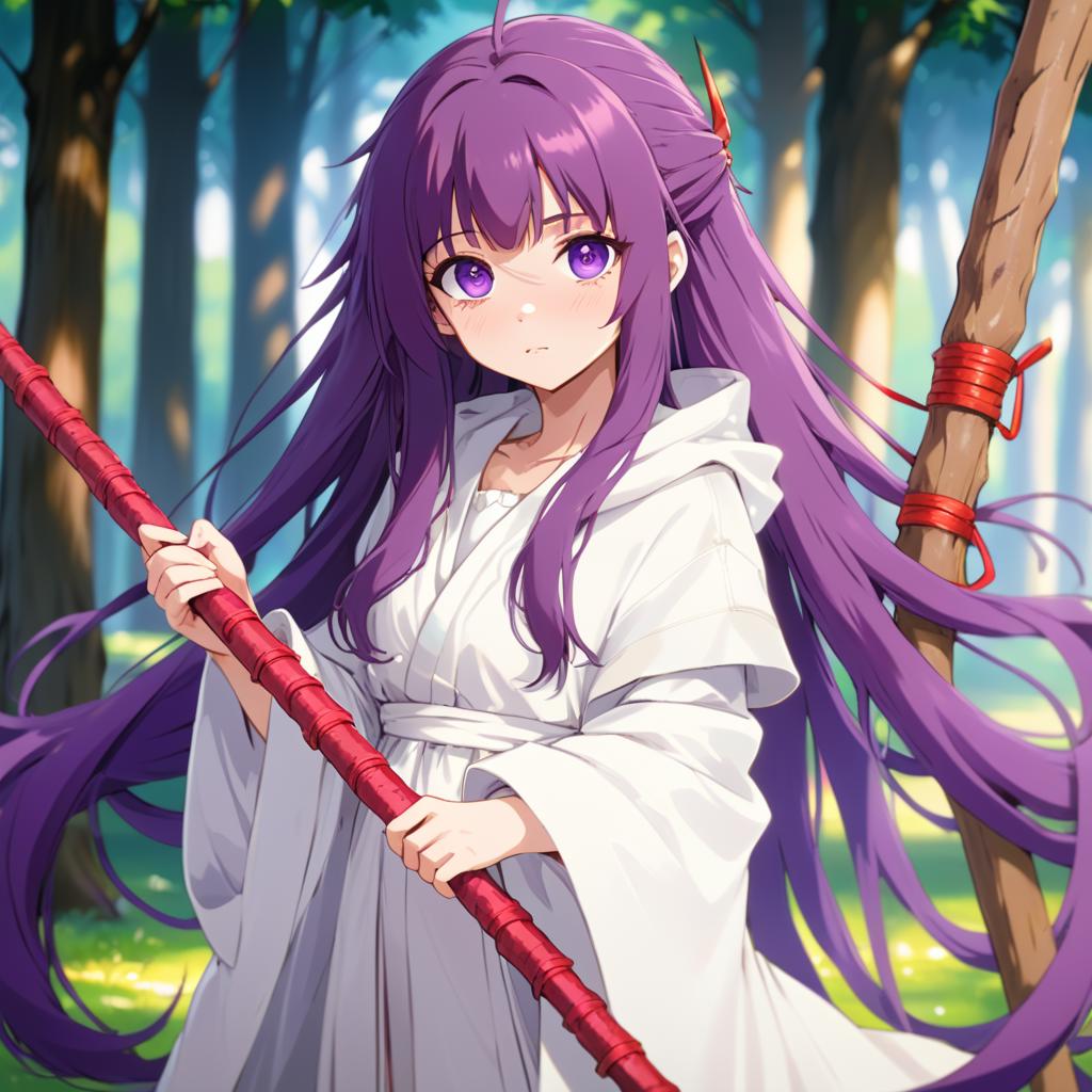 Anime girl with long purple hair holding a stick in a forest - SeaArt AI