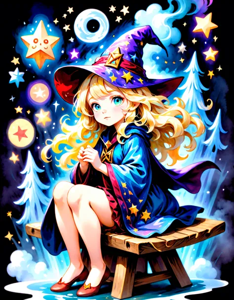 portrait,water color of A blonde wizard girl with wavy hair, wearing a pointy hat and a long robe covered in mystical symbols, sitting on a wobbly wariza stool. The background is filled with doodles resembling a magical forest, flying clouds, and colorful ...