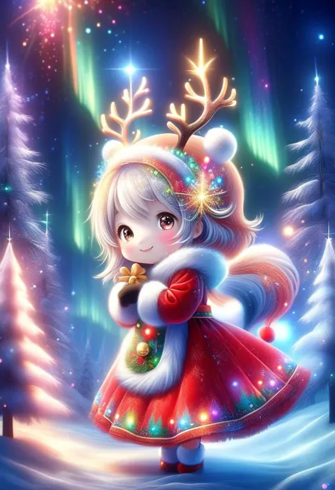 a girl in a red dress and reindeer hat holding a christmas tree