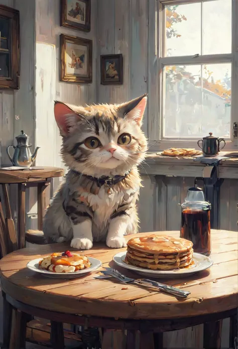 Positiv Clip L
cat, wooden table, stack of pancakes, syrup
Positive Clip G
A cat sits on a wooden table and looks at a stack of ...