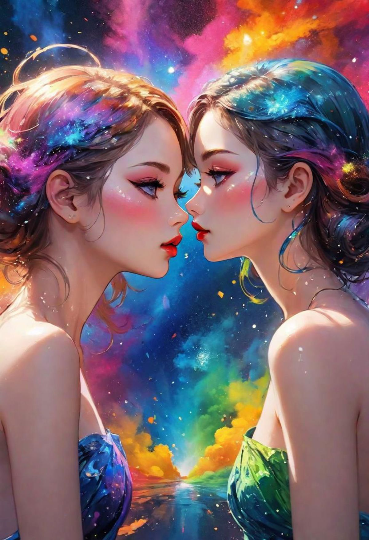 Two women with colorful hair and makeup are facing each other - SeaArt AI