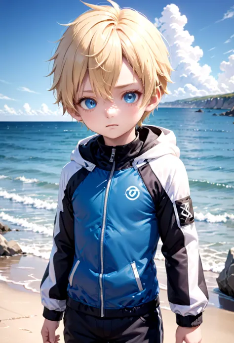 anime boy with blonde hair and blue eyes standing on the beach