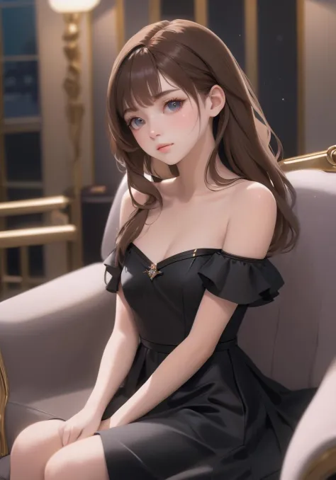 realistic,
a cute anime girl sits on a couch in a black dress, in the style of 8k, subtle pastel tones, shiny/glossy, dark brown...