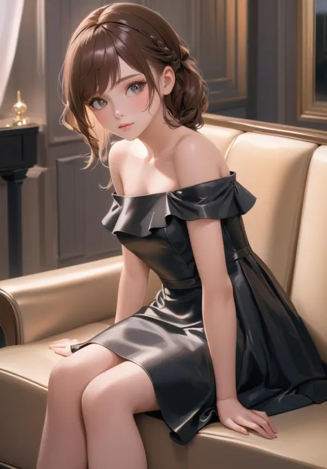realistic, 
a cute anime girl sits on a couch in a black dress, in the style of 8k, subtle pastel tones, shiny/glossy, dark brow...