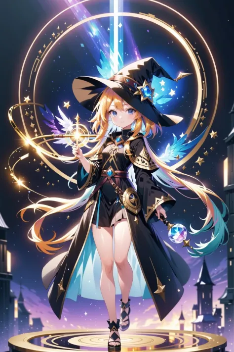 anime, 1girl, solo, wizard hat, robe, holding staff, on magic circle, sparkles, light particles, crystal, prism, glowing light