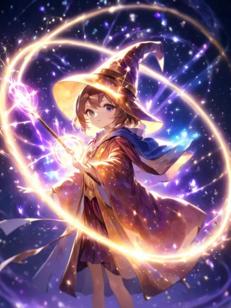 anime, 1girl, solo, wizard hat, robe, holding staff, on magic circle, sparkles, light particles, crystal, prism, glowing light