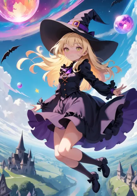 highres,best quality,natural,
A psychedelic world spreads out below,
Witch girl floating in the sky Wearing a witch hat Frilled fantasy costume Blonde straight hair