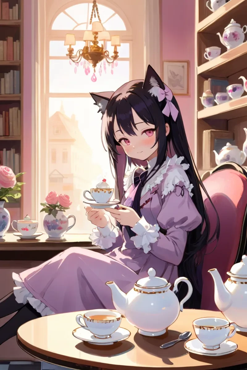 Ilustração de Homura Akemi do Madoka Magica saboreando um delicioso chá da tarde em uma charmosa cafeteria. Vestida com sua icônica roupa de garota mágica, Homura segura graciosamente uma xícara de chá de porcelana, bebendo delicadamente o fumegante chá aromático. A mesa é adornada com um lindo jogo de chá floral, apresentando bules elegantes e xícaras delicadas, bem como uma variedade de deliciosos doces e sanduíches. A luz solar filtra através da janela, lançando um brilho quente na cena, enquanto um gato de pelúcia descansa preguiçosamente em uma almofada próxima. No fundo, entre prateleiras repletas de livros e xícaras vintage, um lustre elegante confere um toque de charme atemporal ao ambiente aconchegante.