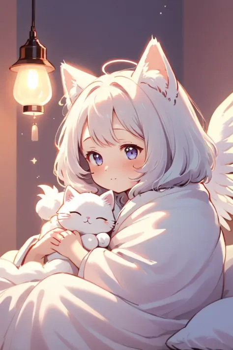 Digital illustration of "Fluffy Angel" created by Omochi Kuina.  A serene expression wrapped in a fluffy blanket exudes comforti...