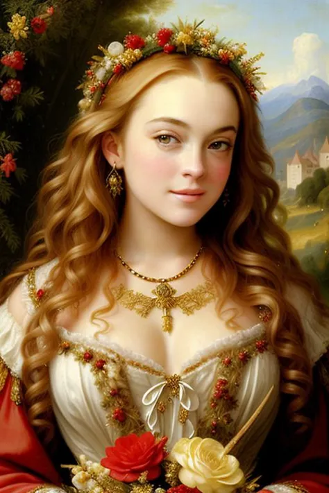 Masterpiece LindsayLohan high quality, beautiful nude in medieval festive attire, classic vintage oil paint picture, style of ru...