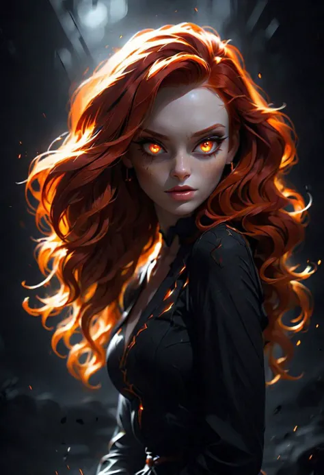 a woman with red hair and yellow eyes in a black dress