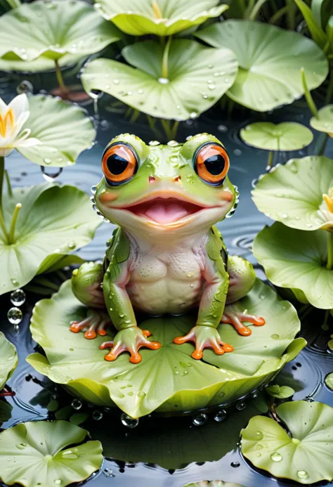 ((masterpiece)),((best quality)), 8k, high detailed, ultra-detailed, A charming and adorable frog with big, expressive eyes, per...