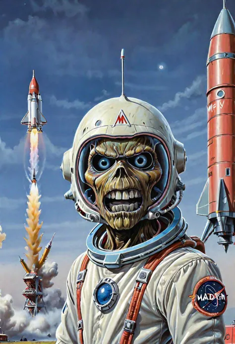 a close up of a person in a space suit with a rocket in the background