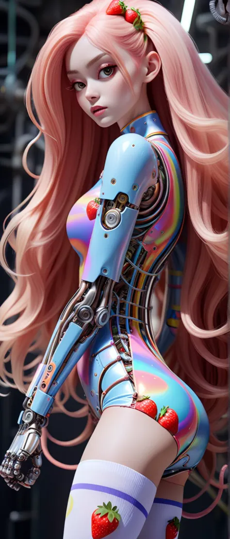 (A beautiful mechanical robot woman with extremely long flowing Holographic Multi-toned hair, wires and gears showing, wearing S...
