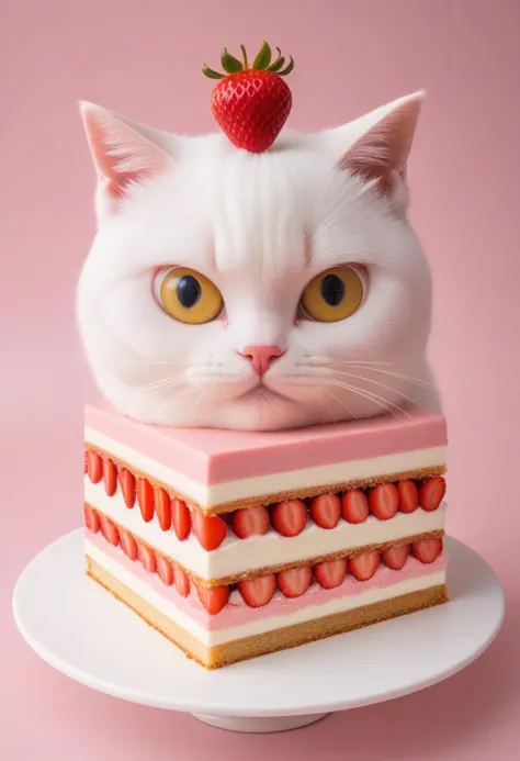 ((cat cake hybrid, sweets, living food, solo, strawberry on top, cream, looking at viewer),  sharp focus, beautiful light, clear...